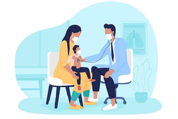 Illustration of a doctor listening to a childs chest.  Child is sat on mothers knee